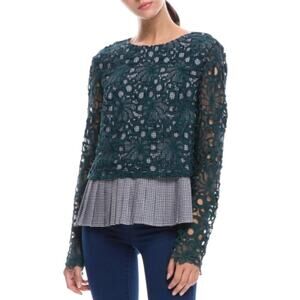 Anthropologie Maeve Gabriella Lace Peplum Gingham Top Blouse Hunter Green Large